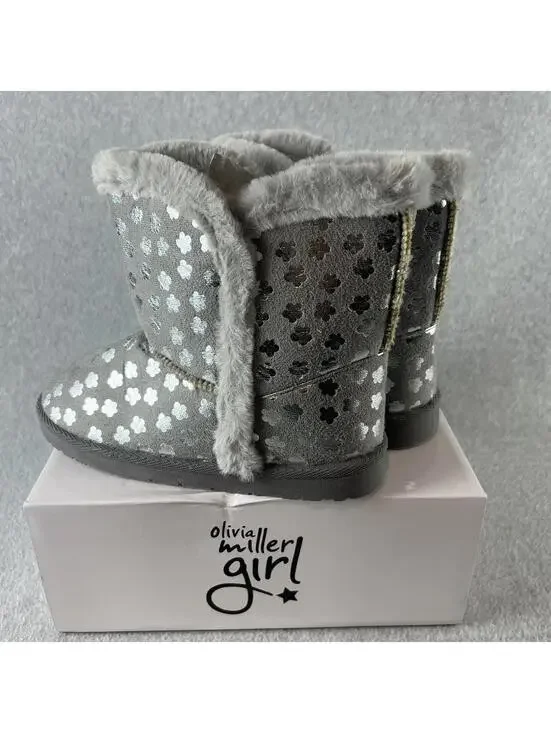Olivia Miller Pull on Boots Girls Size 5 Youth Faux Fur Trim Gray Metallic - Picture 7 of 10